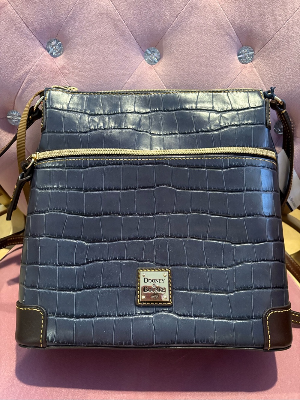 Dooney & Bourke Dark Grey Croc-Embossed Leather Messenger Bag with Gold Hardware